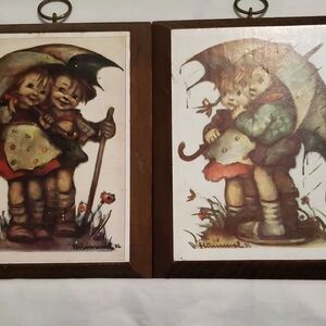 Hummell 36 Vintage 2 Wall Art Prints with Children Holding An Umbrella.
